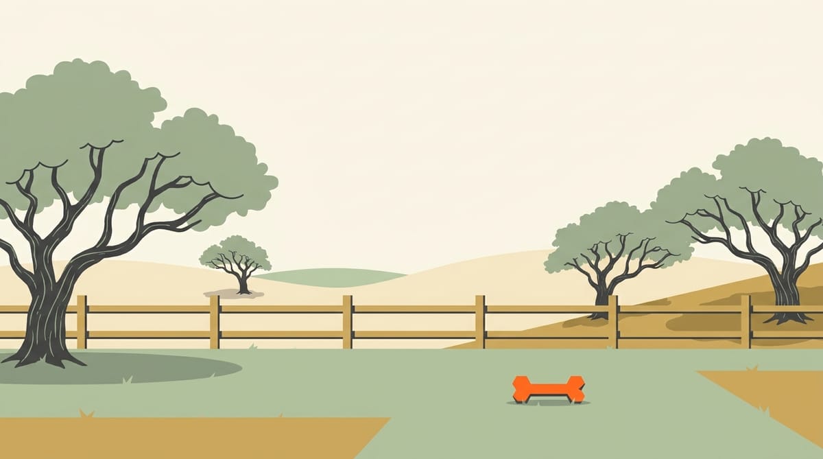 Illustration of a Texas hill country back yard with live oak trees, a wooden fence and a dog toy on the lawn.