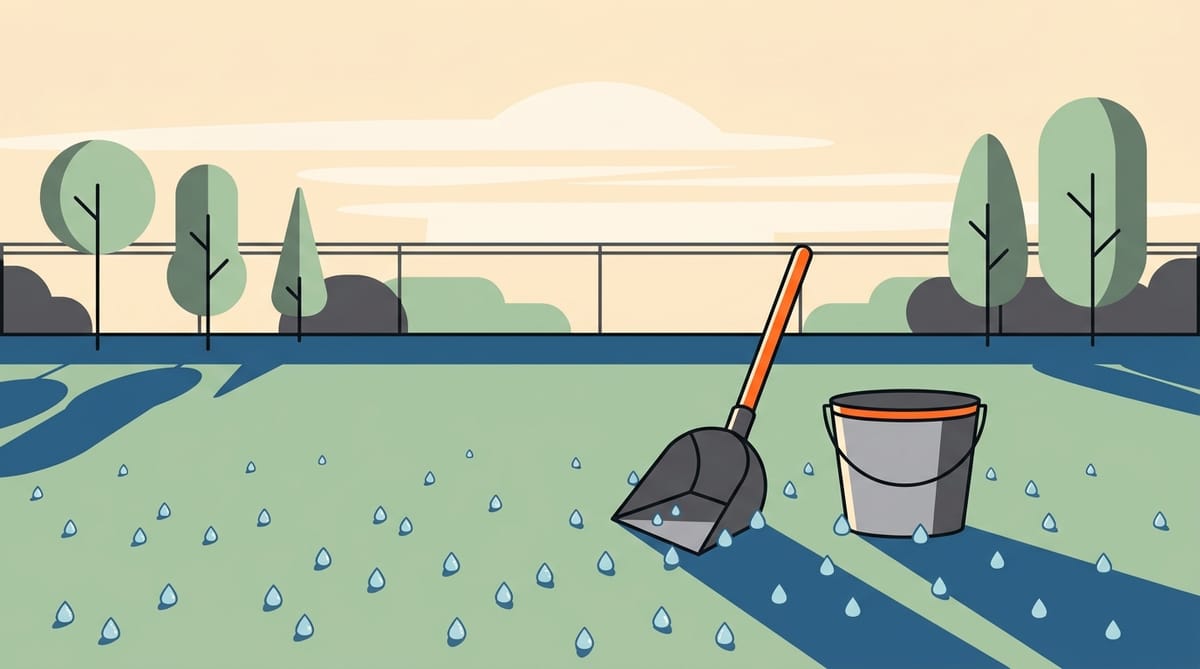 Illustration of an early morning back yard with dew on the grass, long low sunlight and a scooper and bucket resting on the lawn.
