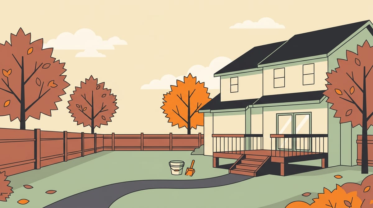 Illustration of a Midwestern back yard in autumn with a two-storey house, a deck, maple trees in colour and a scooper and bucket on the lawn.