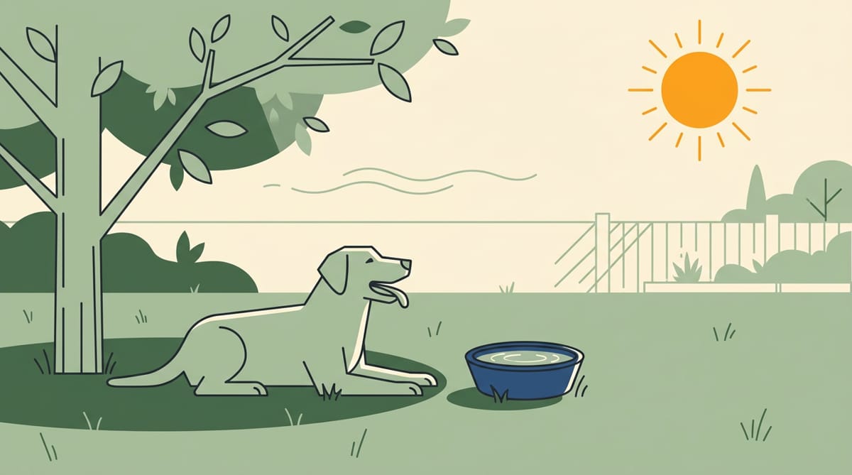 Illustration of a dog lying panting in the shade of a tree beside a full water bowl under a bright summer sun.