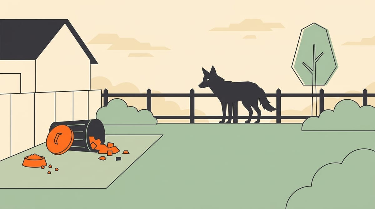 Illustration of a coyote standing beyond a back yard fence, drawn toward a tipped-over garbage can rather than the lawn.