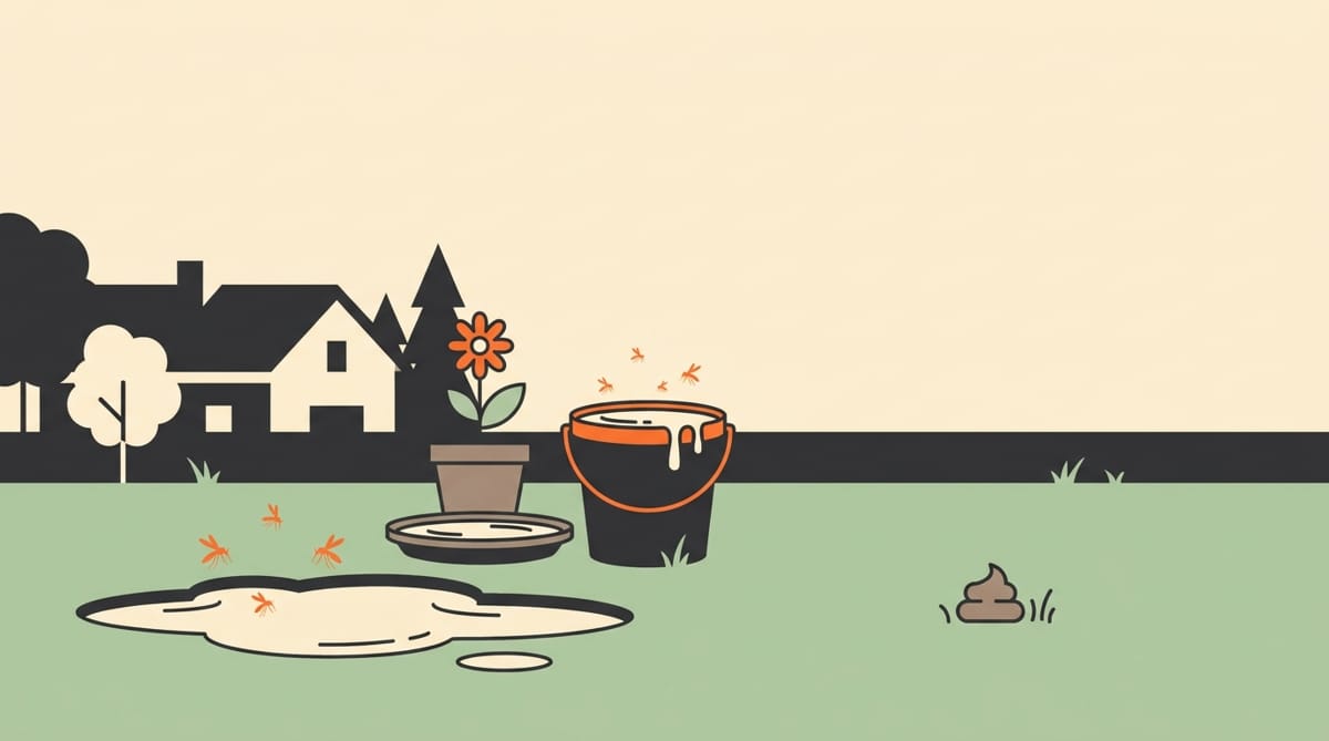 Illustration of a back yard with standing water in a puddle, a plant saucer and a forgotten bucket, with mosquitoes above the water and a dry dog waste pile well away from it.
