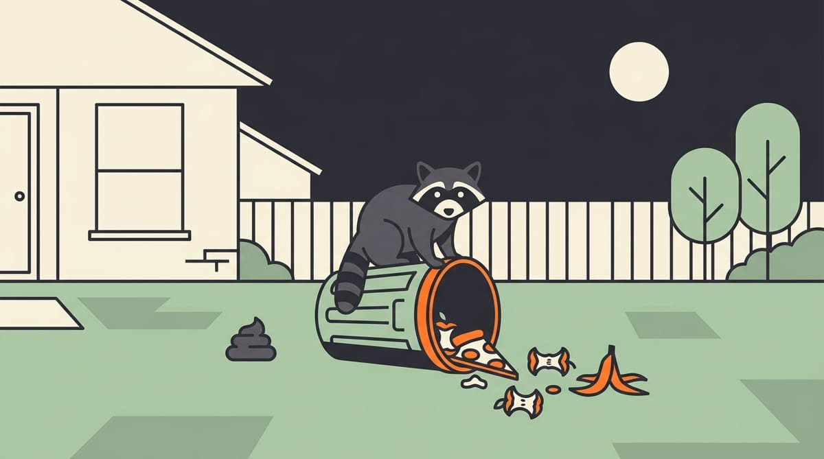 Illustration of a raccoon at night with its paws on a tipped garbage can and spilled food scraps, a dog waste pile untouched on the lawn behind.