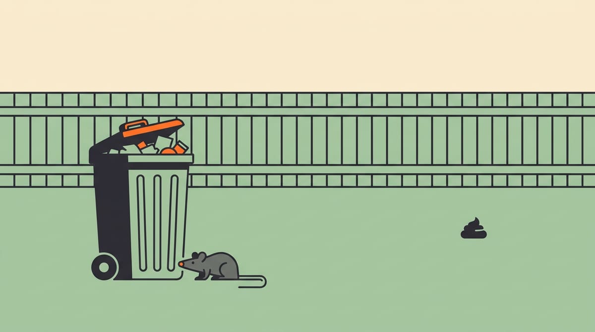 Illustration of a back yard: a rat feeding at an overflowing garbage bin in the foreground while a dog waste pile sits ignored on the grass in the distance.
