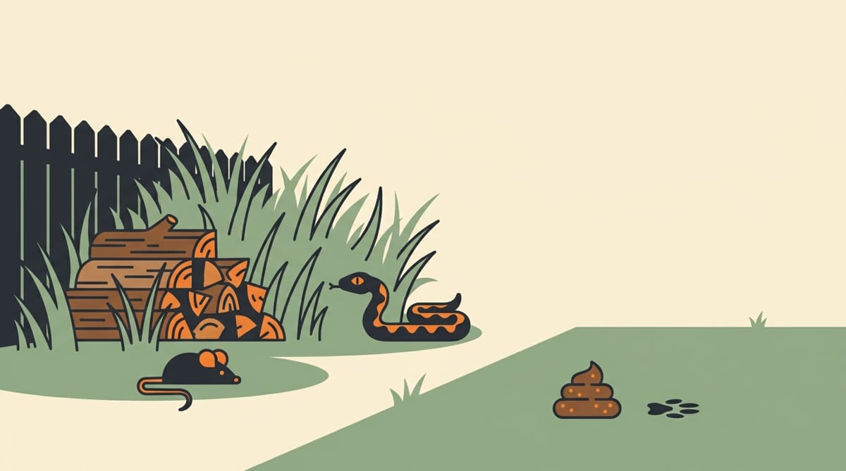 Illustration of a back yard showing a snake near a woodpile watching a mouse in long grass, with a dog waste pile apart on the mown lawn.