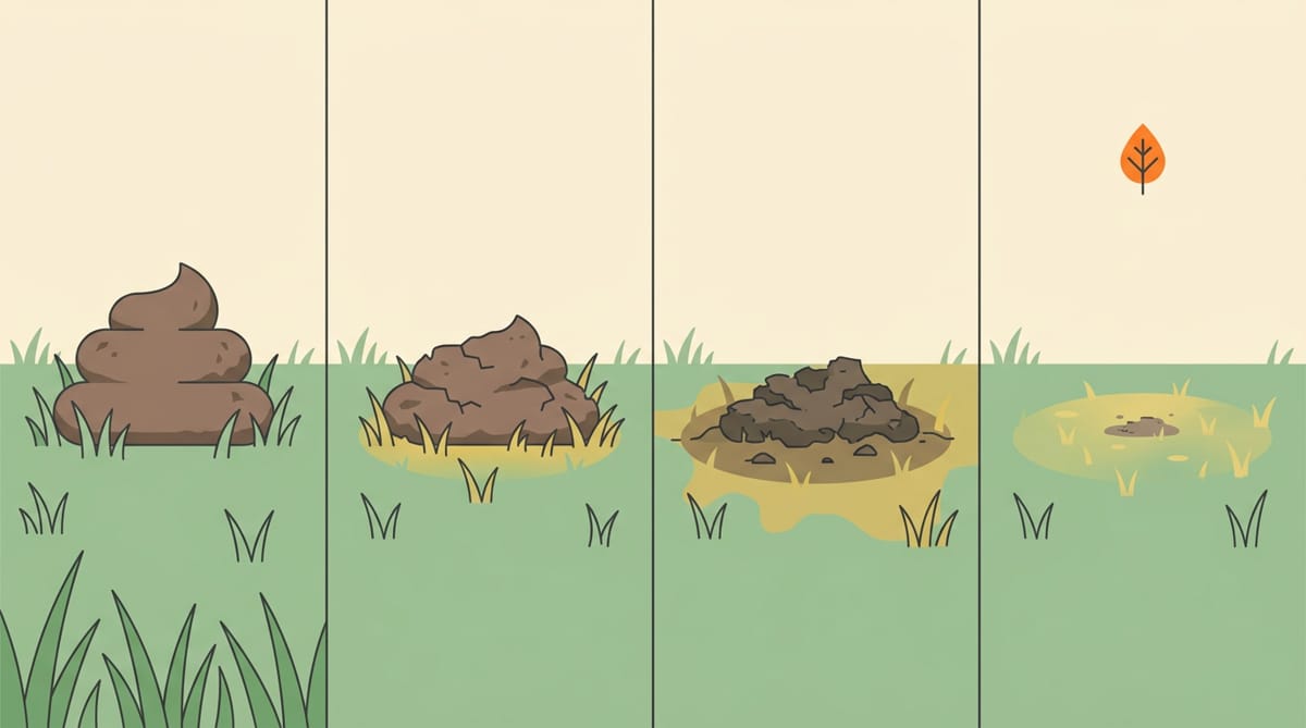 Illustration showing four stages side by side of a dog waste pile weathering into a lawn, with the grass beneath yellowing.