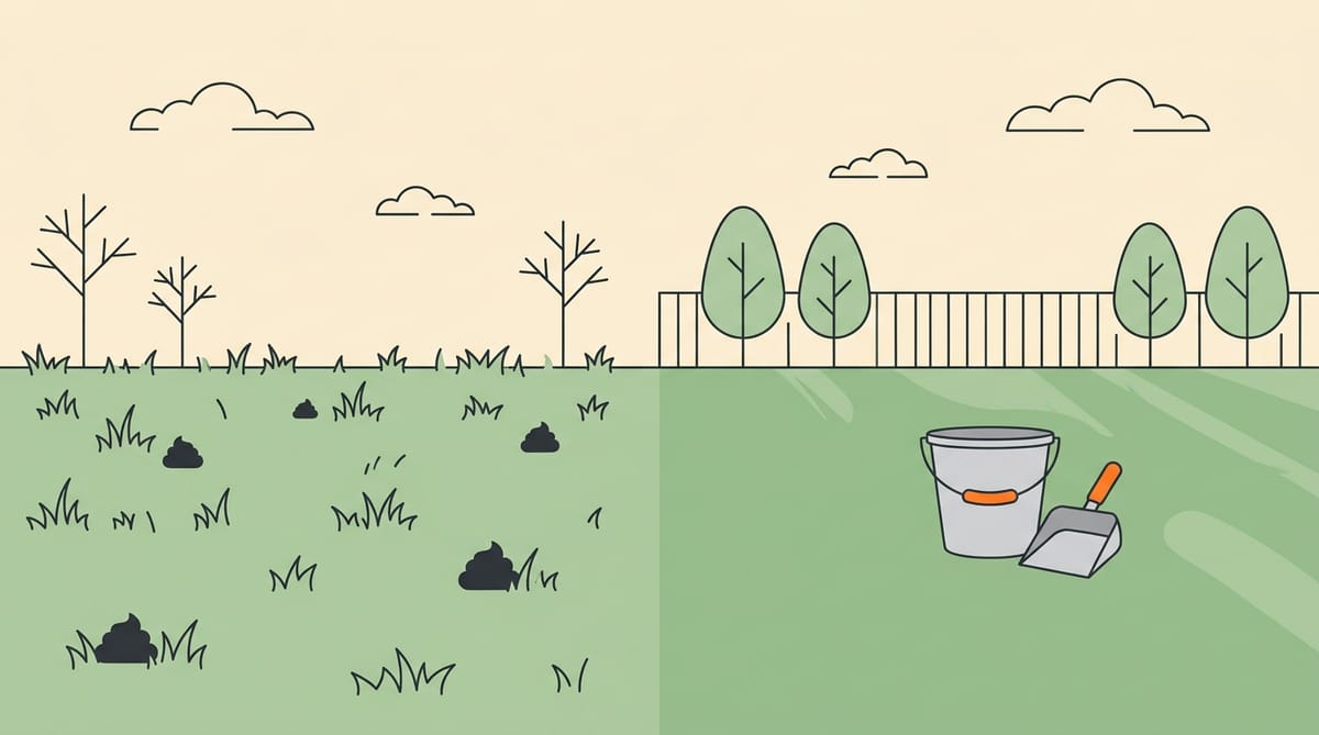 Illustration comparing an untidy lawn scattered with waste piles against the same lawn clean, with a bucket and scooper resting on it.