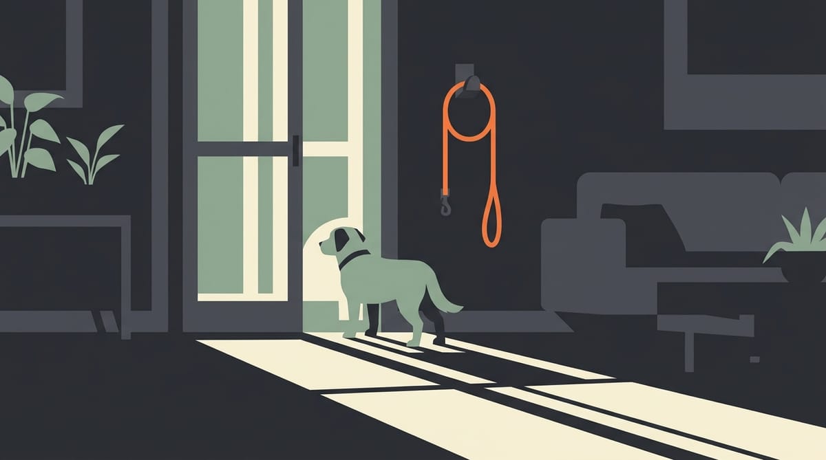 Illustration of a dark living room at night with a dog standing by a back door, moonlight falling across the floor and a leash on a hook.