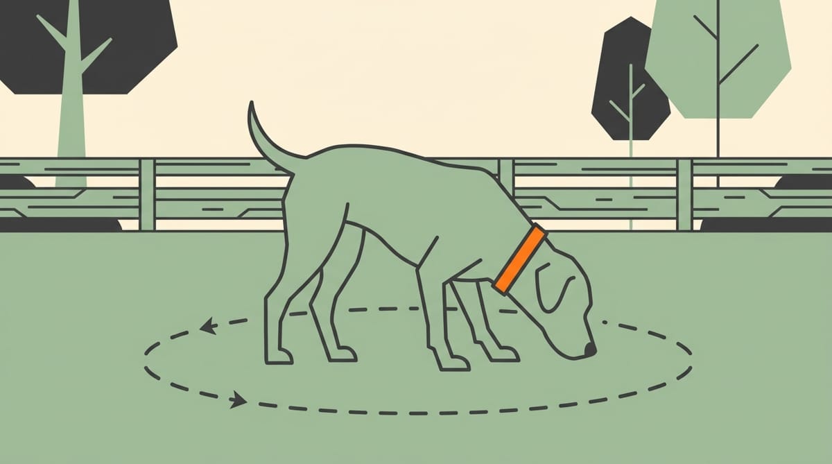 Illustration of a dog in profile on a lawn with its nose to the grass, its circling path drawn as a dashed oval around its feet.