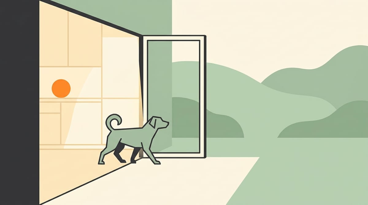 Illustration of a dog stepping in through an open back door onto a kitchen floor, with the green back yard visible behind.